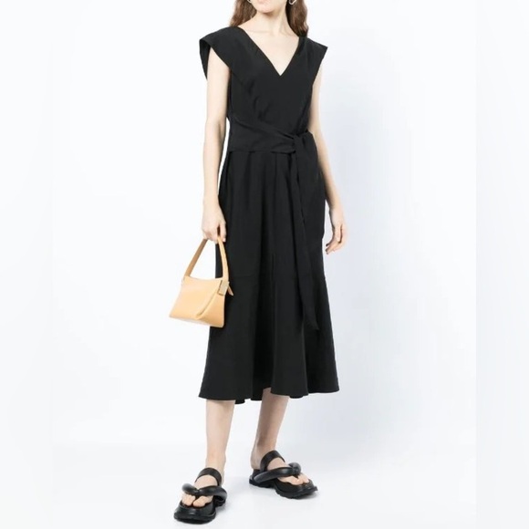 Vince V-Neck Tie Back Flutter Sleeve Black Tencel Midi Dress V870851492 NWT XL - Picture 1 of 12
